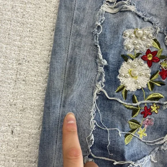 Joseph Ribkoff Jeans Blue Floral / Pearl Embellished Distressed Women Read - Picture 5 of 13